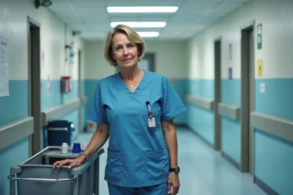 Infirmière en blouse bleue dans un couloir d'hôpital