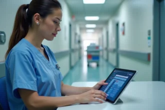 Infirmière utilisant un logiciel de soins sur tablette numérique à un poste de soins hospitalier
