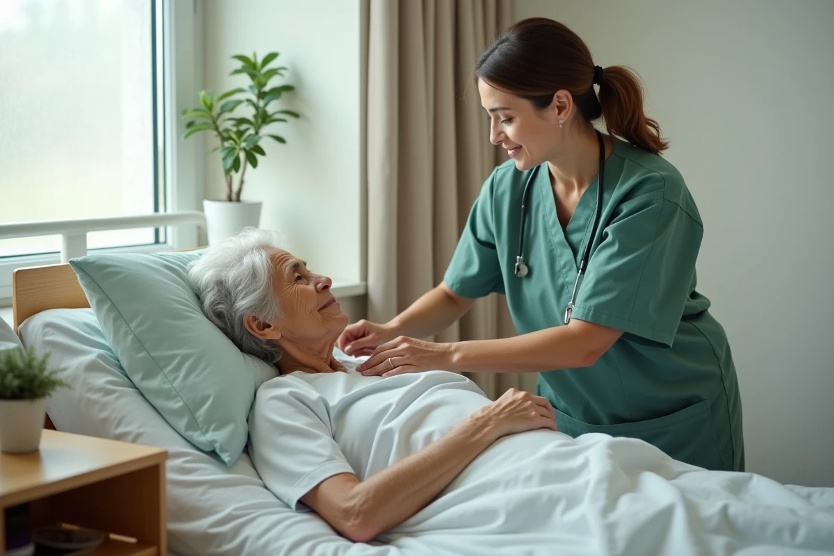 Infirmière prodiguant des soins attentionnés à une patiente âgée en fin de vie dans une chambre palliative