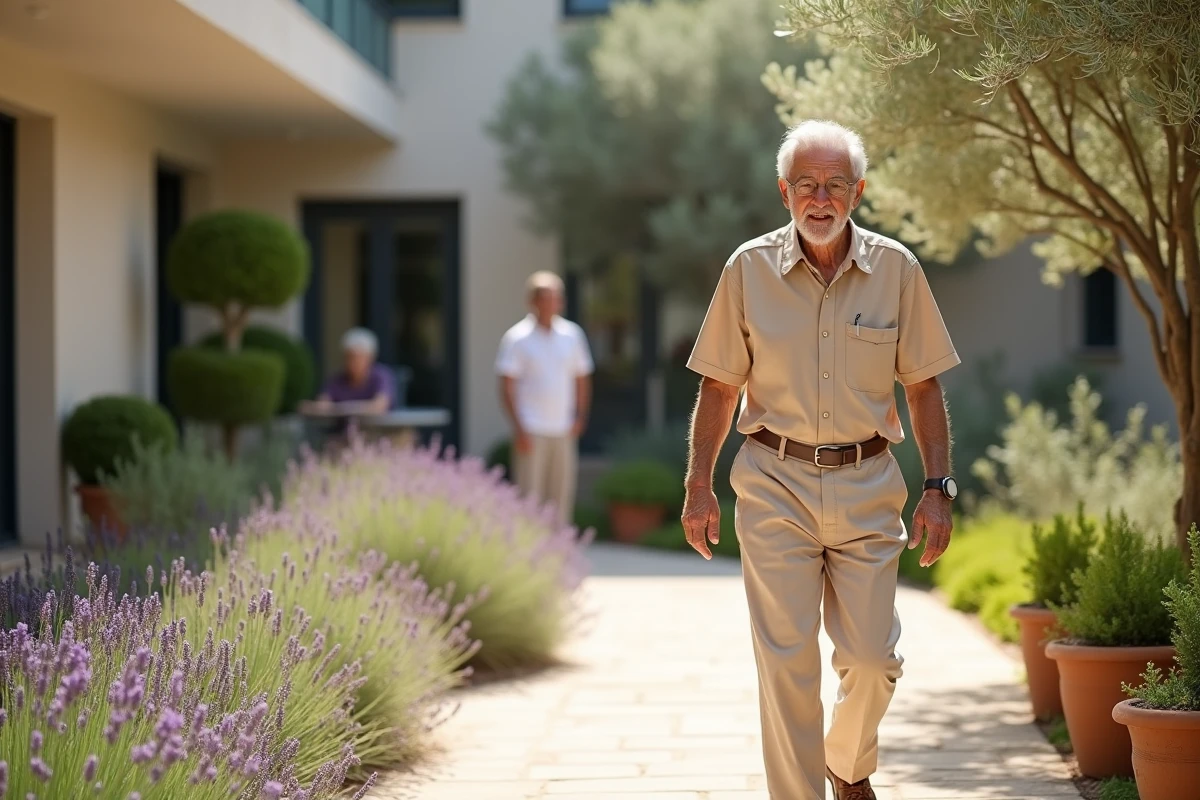 Résident senior se promenant dans le jardin méditerranéen d'une résidence à Nîmes avec architecture moderne en arrière-plan