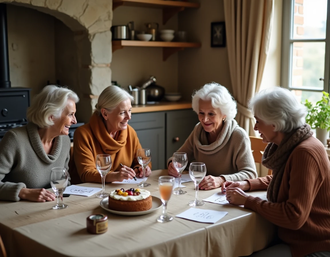 Femmes d'une soixantaine d'années jouant à un jeu de mots autour d'une table de cuisine rustique lors d'une fête d'anniversaire intime