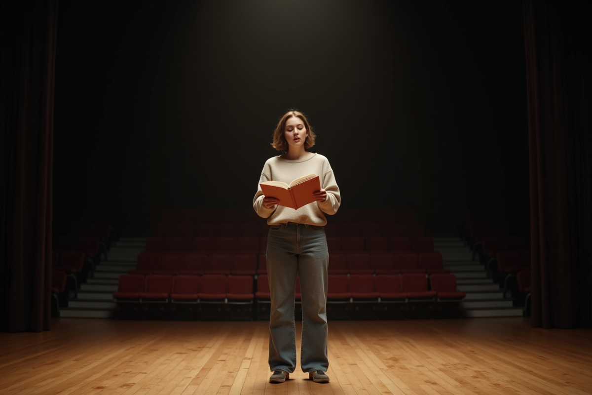 Jeune femme lisant un script sur scène lors d