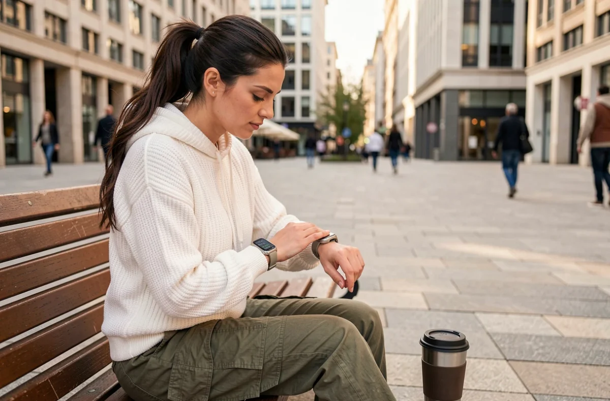Jeune femme analysant ses données de vitesse de marche sur une montre connectée assise sur un banc en ville