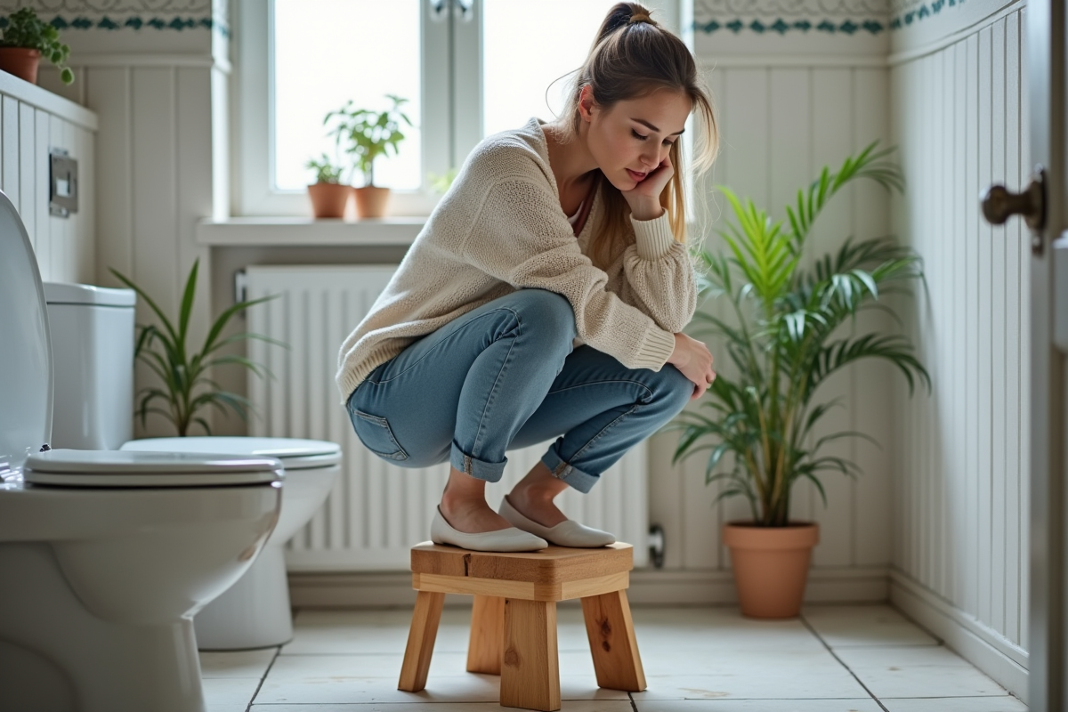 Jeune femme ajustant un tabouret de toilette en bois dans une salle de bain moderne