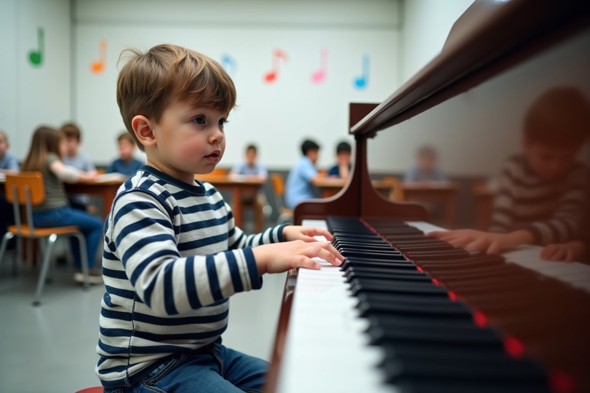 Jeune garçon découvrant le piano dans une salle de classe moderne