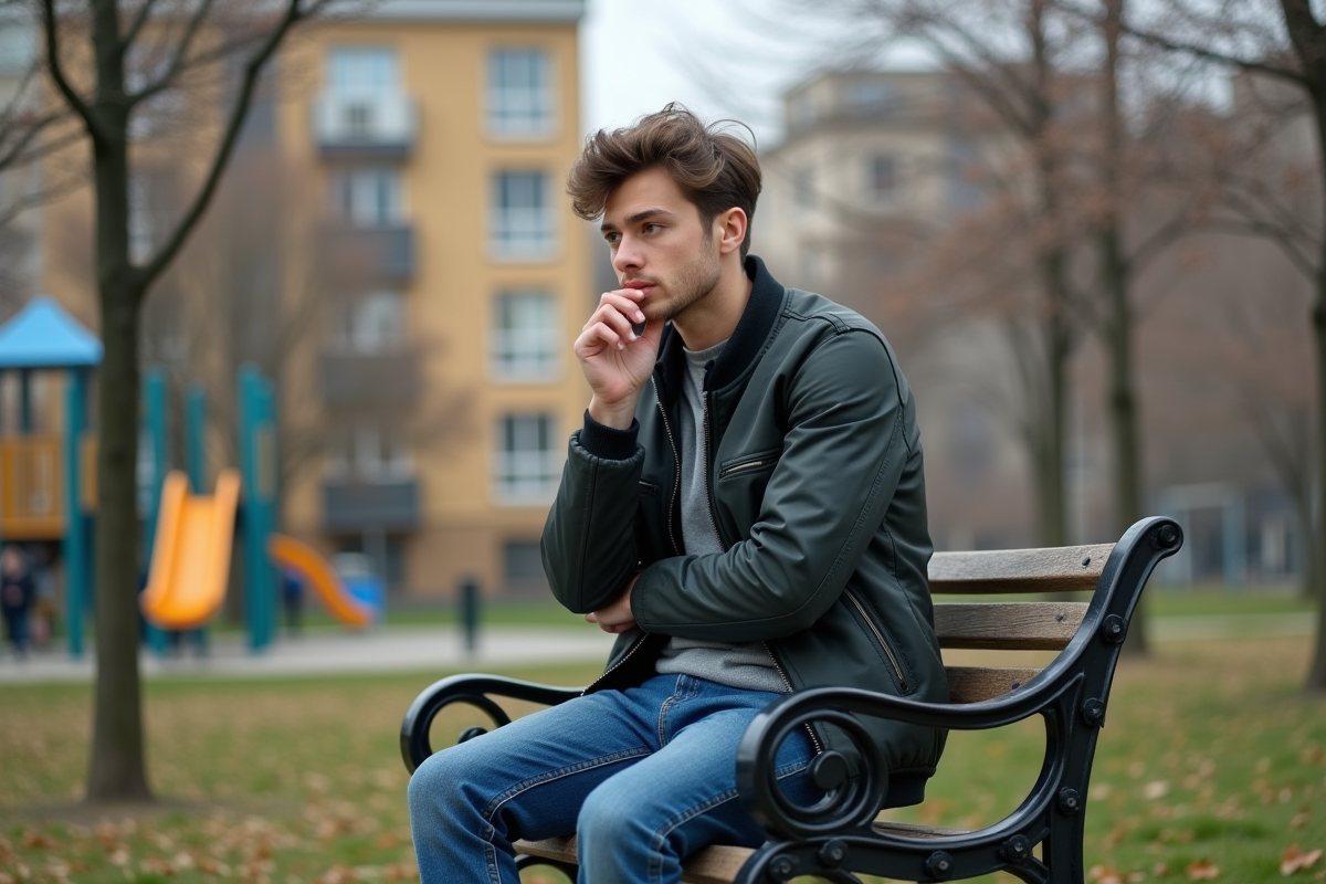 Jeune homme assis sur un banc de parc en debut de printemps