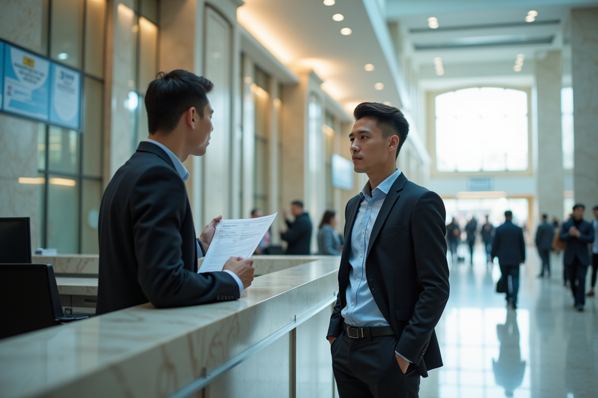 Jeune homme parle avec un agent dans un hall administratif