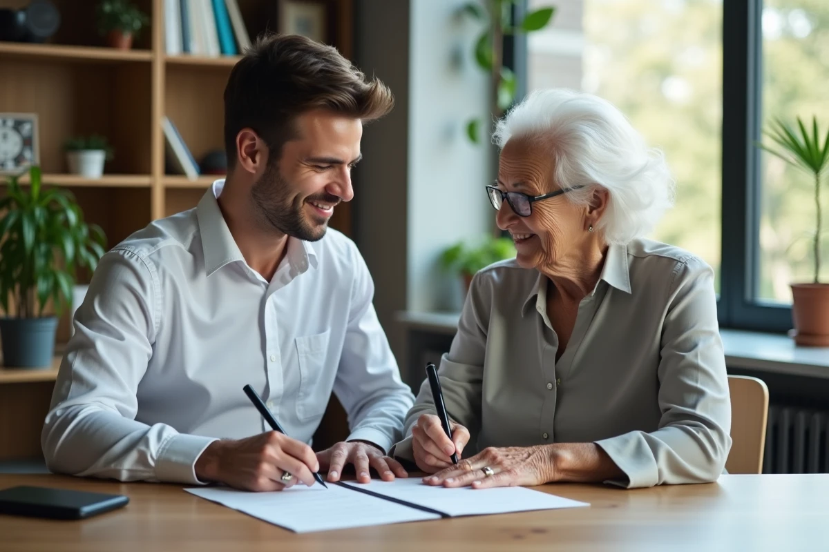 Jeune homme signant un document avec sa grand-mère dans un bureau