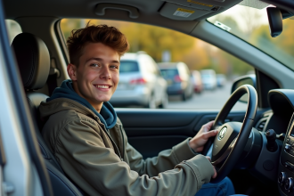 Jeune homme au volant d'une voiture en extérieur