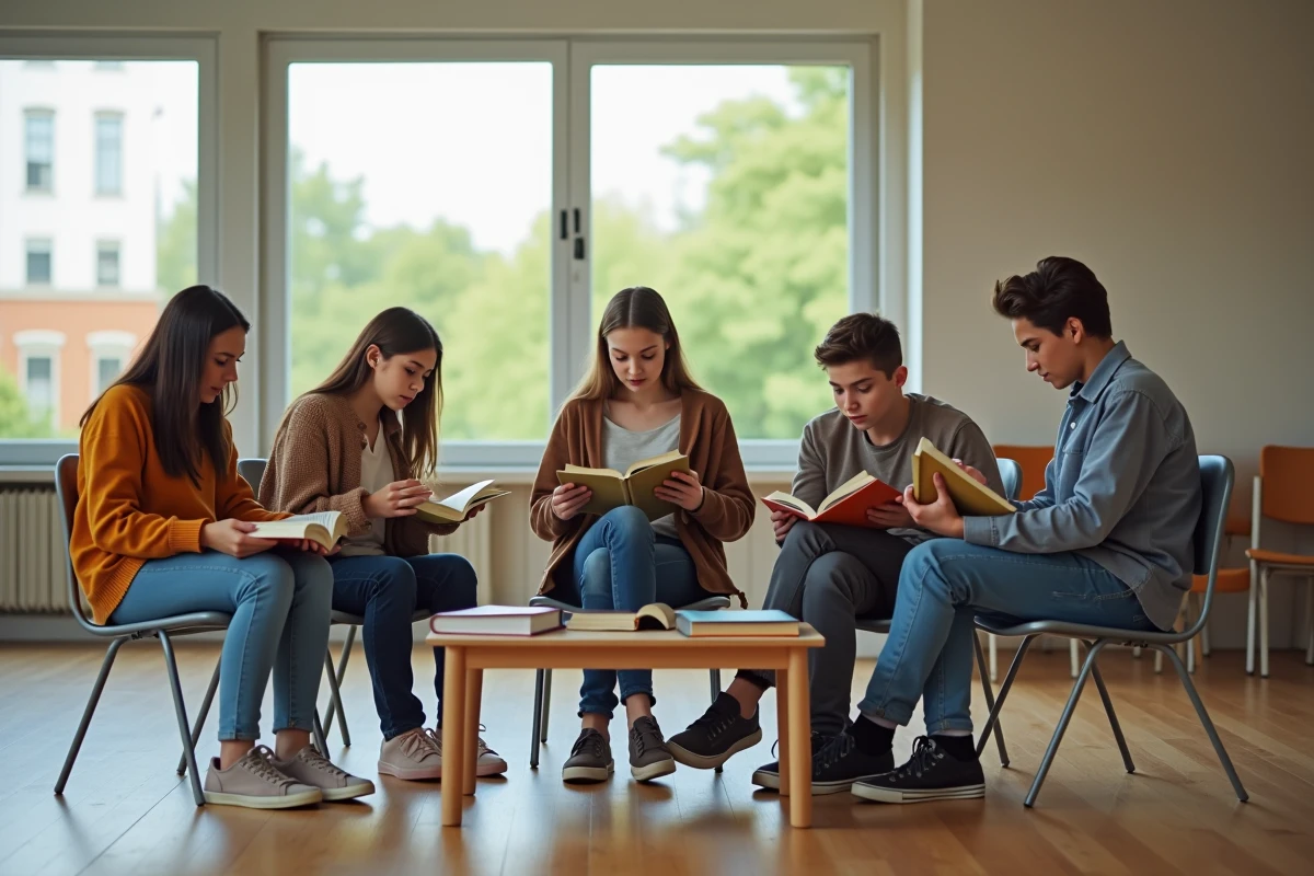 Jeunes lisant dans un centre communautaire lumineux