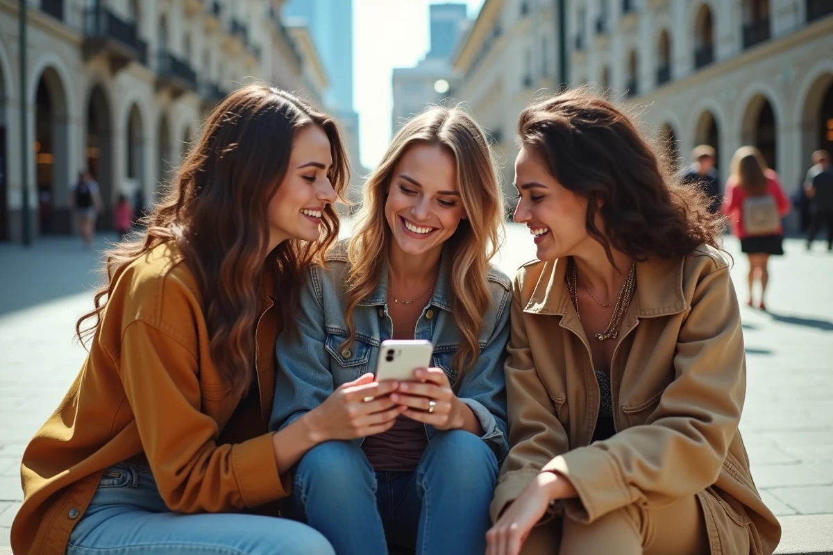 Trois jeunes popstars riant dans une scène urbaine dynamique