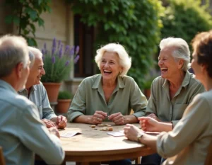 Groupe d'amis autour de soixante ans jouant à un jeu de société en plein air lors d'un anniversaire convivial sur une terrasse