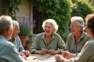 Groupe d'amis autour de soixante ans jouant à un jeu de société en plein air lors d'un anniversaire convivial sur une terrasse