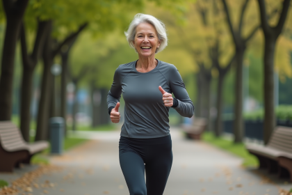 Femme active de 50 ans en jogging dans un parc urbain