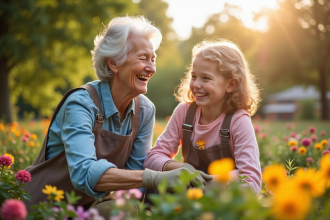 Femme âgée jardinant avec sa petite fille ensoleillée