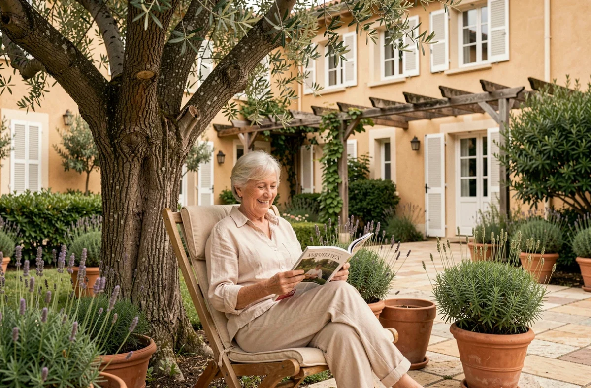 Résidente senior se détendant dans le jardin méditerranéen de la résidence Les Oliviers, quartier sud-ouest de Toulouse