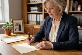 Femme senior écrivant une lettre manuscrite de départ à la retraite à son bureau en bois