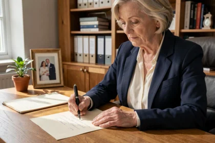 Femme senior écrivant une lettre manuscrite de départ à la retraite à son bureau en bois