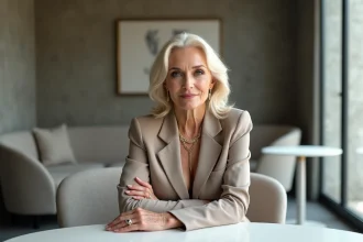 Madonna élégante en blazer moderne dans un lounge contemporain