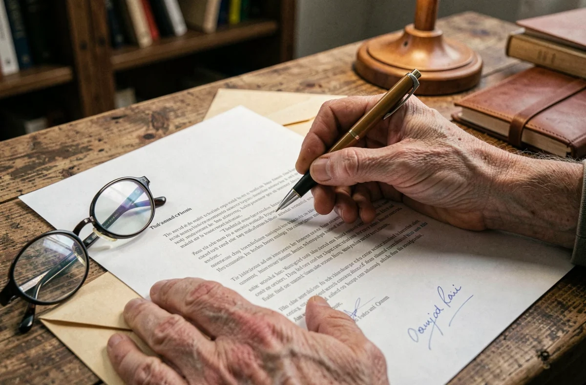 Mains seniors tenant un stylo au-dessus d'une lettre de départ à la retraite avec enveloppe et lunettes sur un bureau en bois