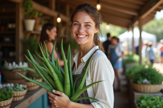 Femme souriante avec aloe vera et légumes frais au marché