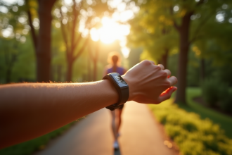 Personne marchant dans un sentier boisé avec bracelet connecté