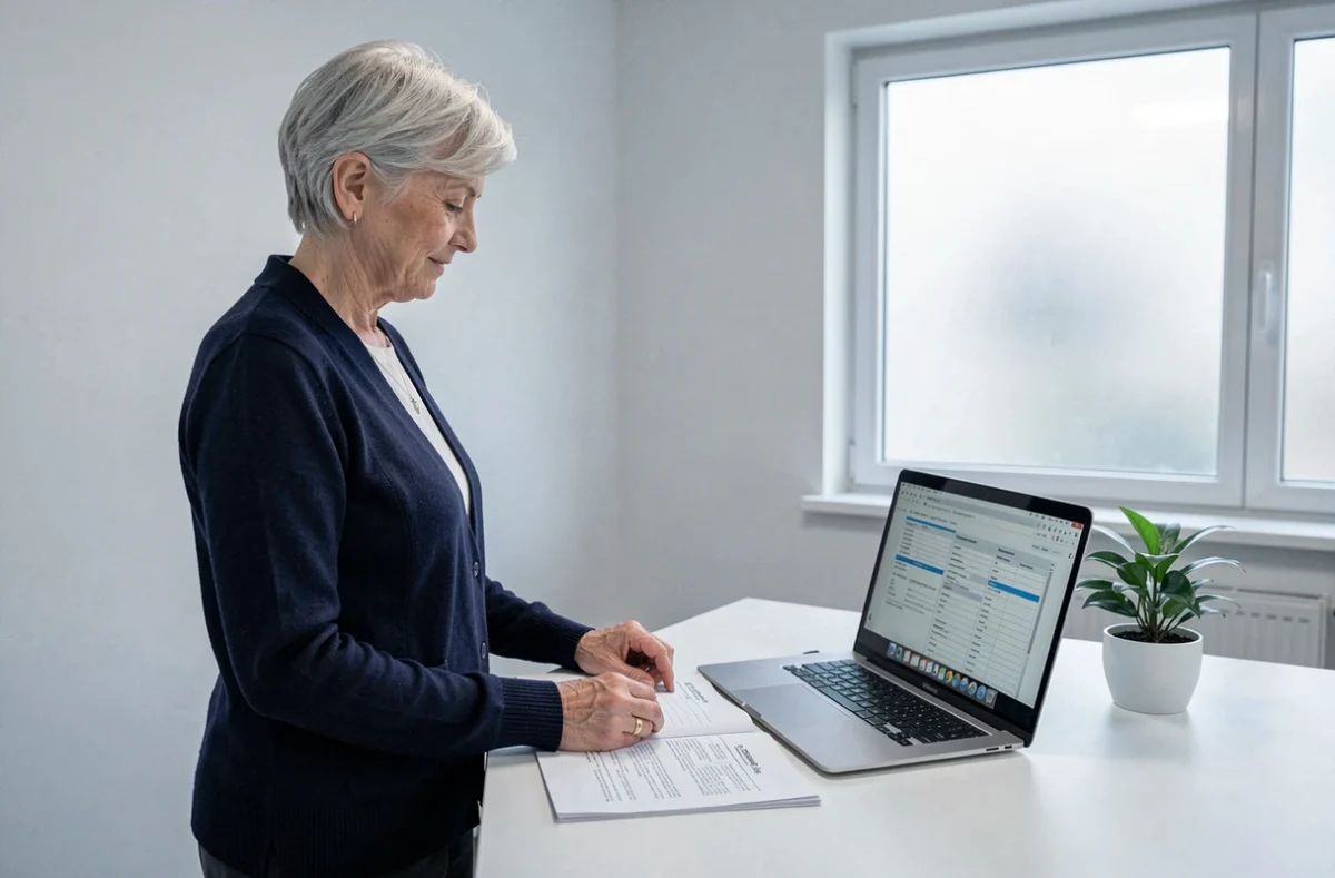 Médecin retraitée comparant deux versions d'un modèle d'ordonnance sur ordinateur et en version imprimée