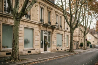Façade d'une entreprise de pompes funèbres dans le département du Rhône, entourée d'arbres et d'une atmosphère calme et digne
