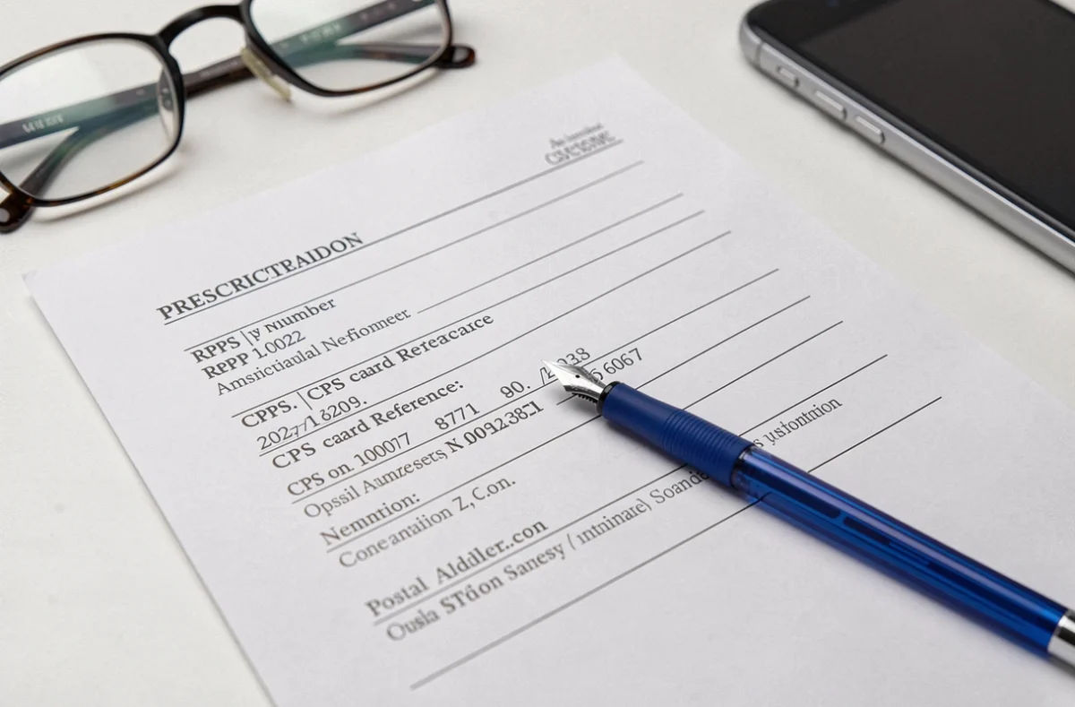 Gros plan d'un modèle d'ordonnance médicale avec numéro RPPS et champs d'adresse à remplir