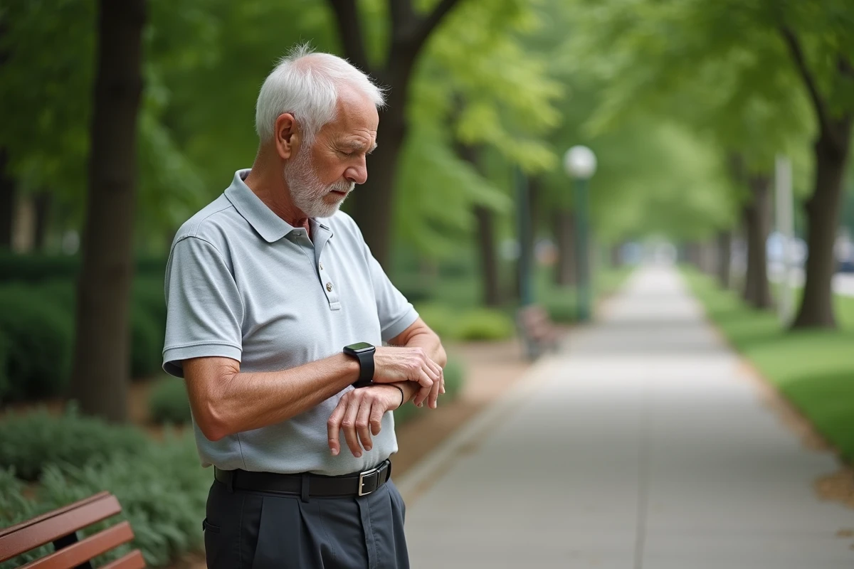 Homme âgé consultant une montre connectée dans un parc, illustrant l'autonomie des seniors