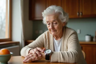 Femme âgée examinant une montre à grand cadran adaptée aux personnes âgées à table dans sa cuisine