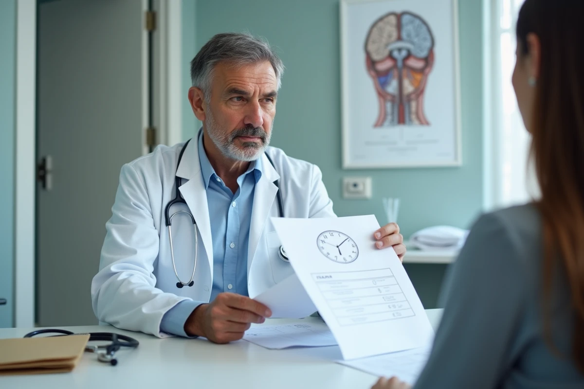Neurologue analysant les résultats d'un test de l'horloge dessiné à la main en consultation