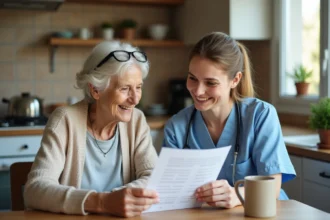 Une aide à domicile et une senior organisent ensemble le planning de services à la personne dans une cuisine chaleureuse