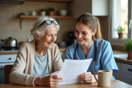 Une aide à domicile et une senior organisent ensemble le planning de services à la personne dans une cuisine chaleureuse