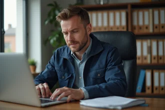 Ouvrier de construction homme concentré sur un ordinateur dans un bureau