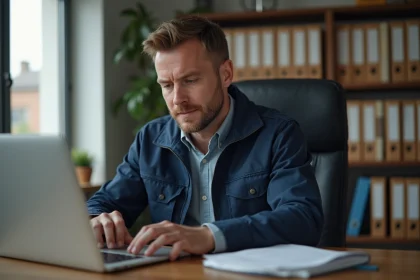 Ouvrier de construction homme concentré sur un ordinateur dans un bureau