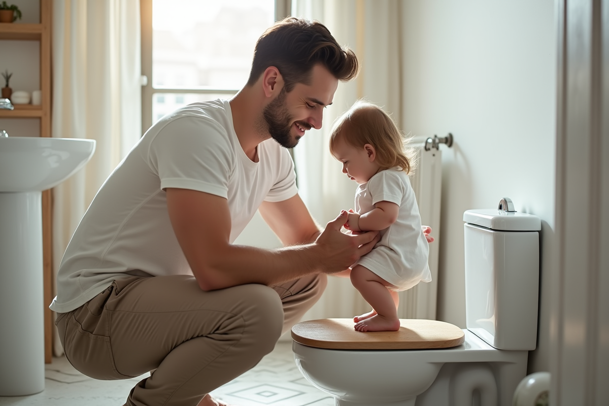 Père aidant sa fille à monter sur un marchepied dans la salle de bain