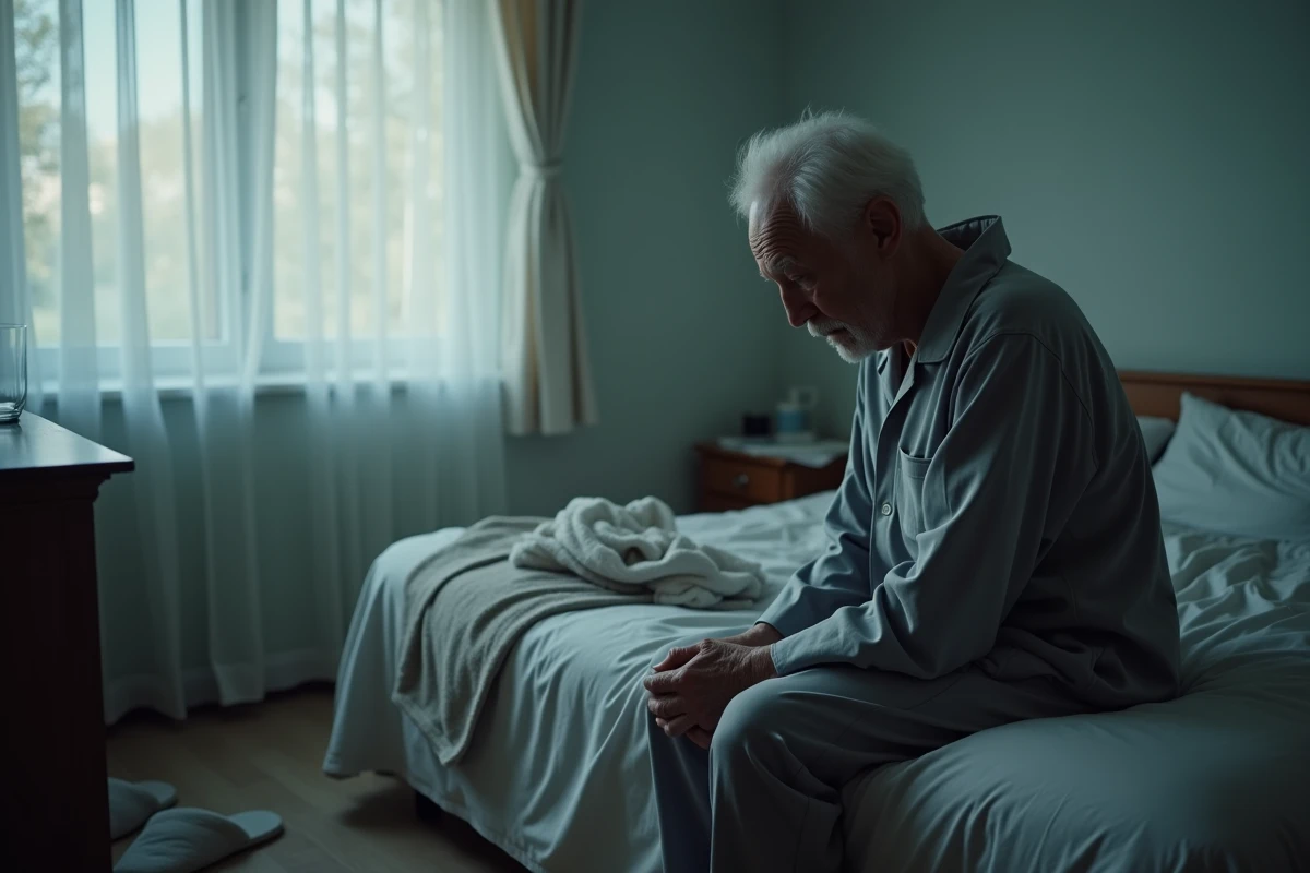 Homme âgé assis sur son lit avec une expression mélancolique, évoquant la dépression chez la personne âgée