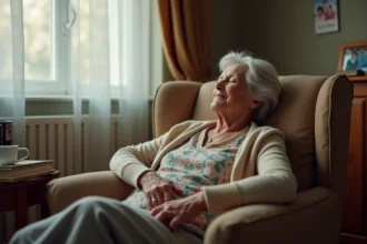 Femme âgée assoupie dans un fauteuil chez elle, illustrant la fatigue excessive chez les seniors