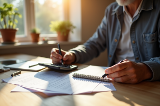 Personne d'âge moyen examinant des documents à la maison
