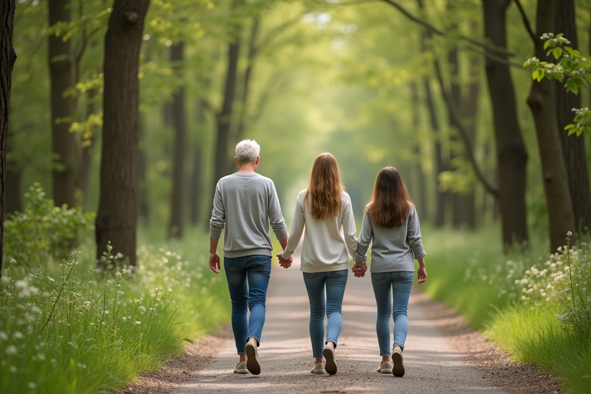 Trois générations marchant dans la forêt au printemps
