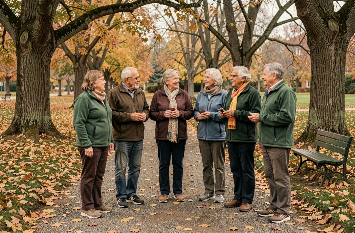 Groupe de seniors en promenade dans un parc en automne, activité physique douce organisée par un club pour personnes âgées