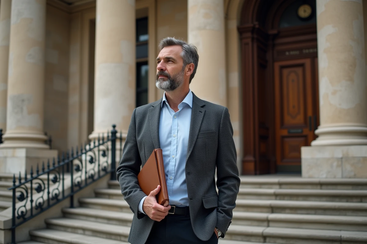 Homme avec dossier juridique devant un tribunal français illustrant la protection juridique Mon Proxima