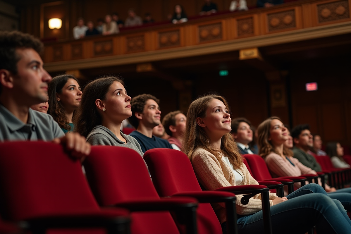 Groupe diversifié regardant une pièce de théâtre dans un théâtre ancien