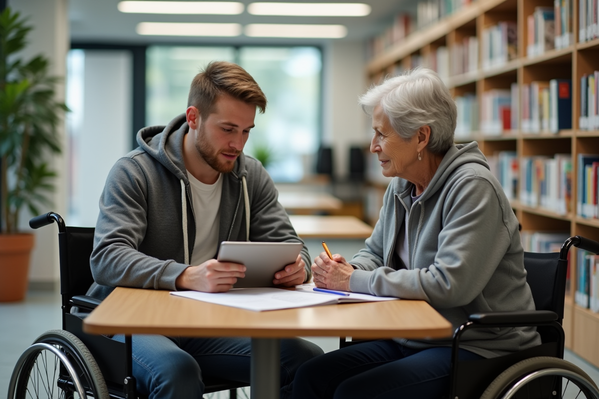 Jeune homme remplissant un formulaire sur une tablette en bibliothèque