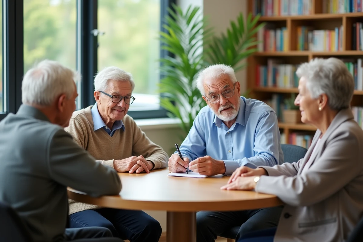 Groupe de seniors en discussion avec un travailleur social