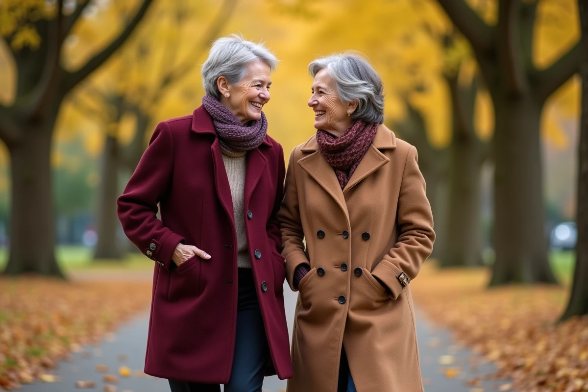 Deux femmes d'environ 65 à 70 ans se promenant ensemble dans un parc en automne, conversation animée et complicité naturelle