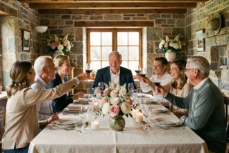 Homme de 70 ans entouré de sa famille lors d'un repas d'anniversaire élégant et convivial autour d'une grande table dressée