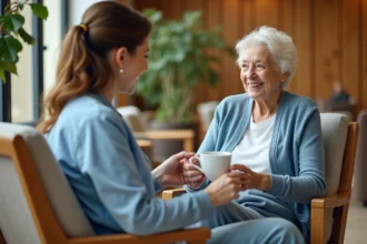 Résidente âgée souriante discutant avec une aide-soignante dans le salon d'une résidence senior moderne à Nîmes