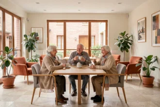 Groupe de seniors heureux partageant un café dans le salon commun d'une résidence senior moderne à Toulouse